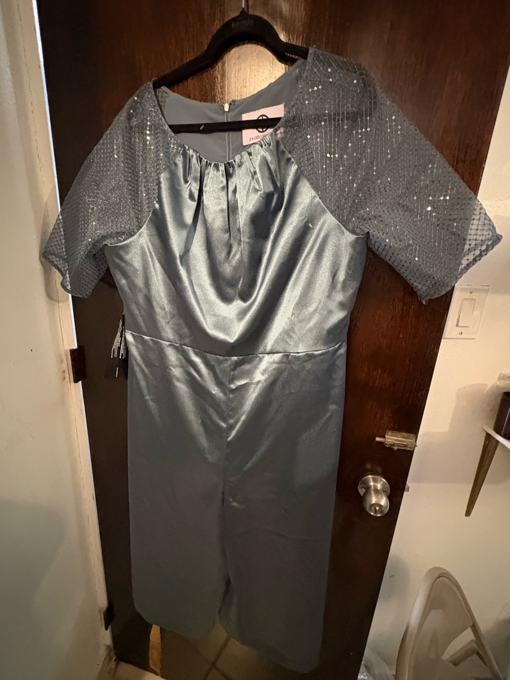 NWT JS Collections Steel Blue Satin Jumpsuit with Sequin Mesh Sleeves. Size 18.